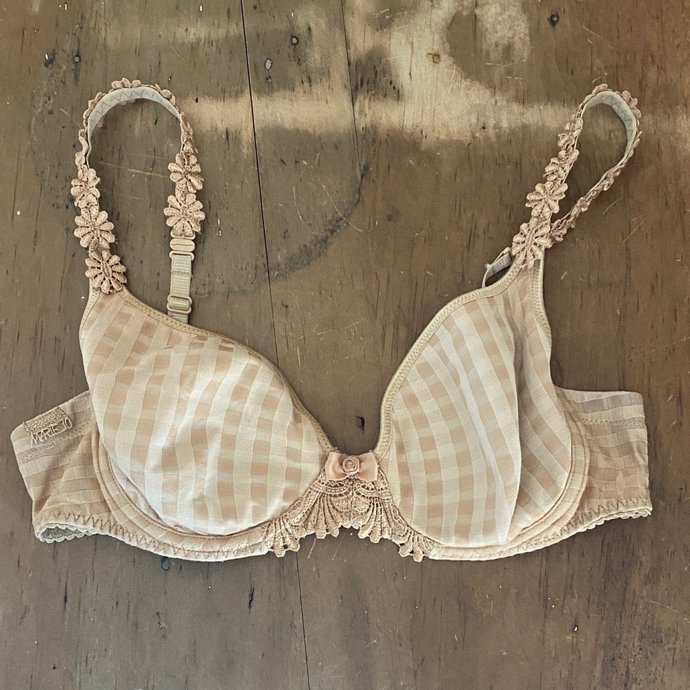Marie Jo Haute Lingerie 36B Nude Underwire Checkered Bra with Floral Lace